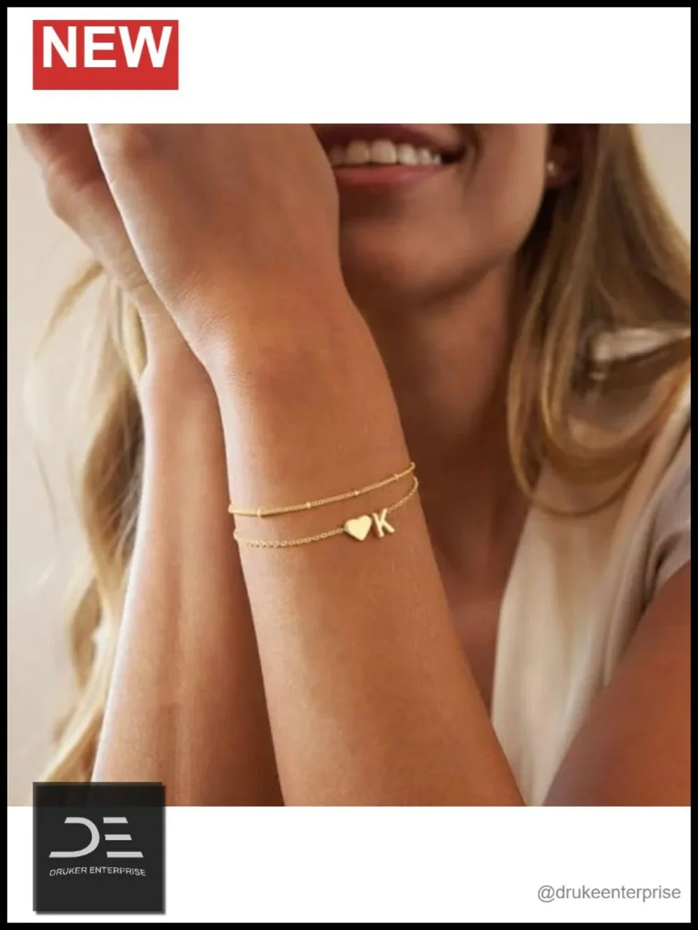 14K Gold Plated dainty layered heart initial bracelet - adjustable lobster clasp